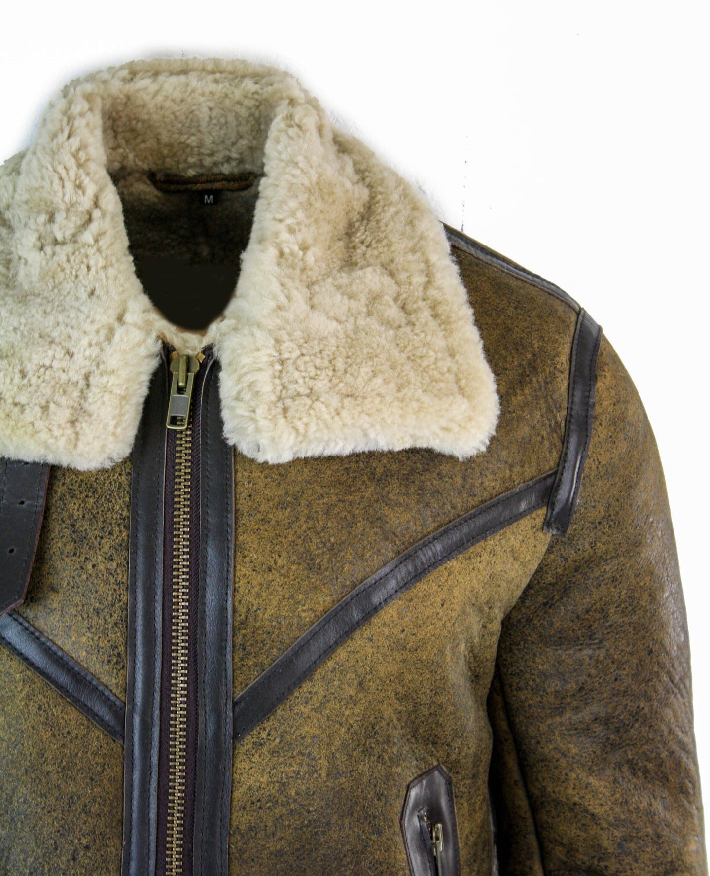 Jaqueta Viking Vintage RAF Infinity EK01 Masculina Sherling em Couro de Carneiro Genuíno, Marrom e Creme.