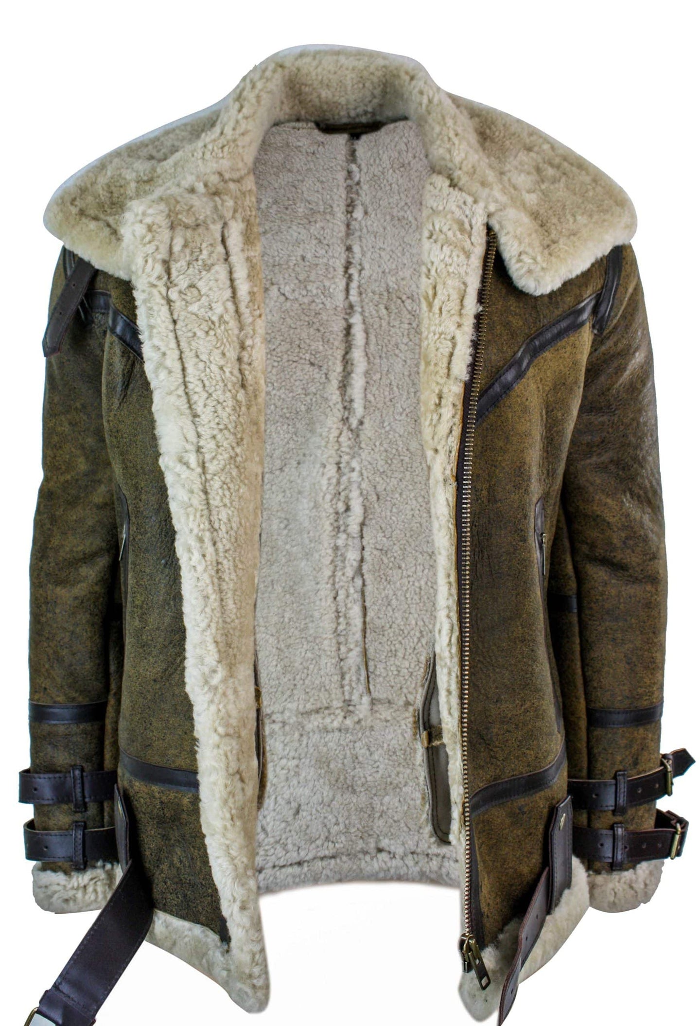 Jaqueta Viking Vintage RAF Infinity EK01 Masculina Sherling em Couro de Carneiro Genuíno, Marrom e Creme.