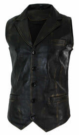Colete masculino de couro legítimo marrom claro e preto, estilo vintage retrô.