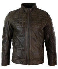 Jaqueta masculina de couro legítimo, modelo biker com zíper e costura sob medida - Marrom