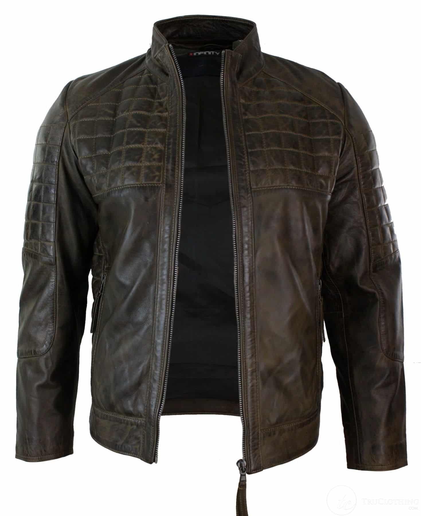 Jaqueta masculina de couro legítimo, modelo biker com zíper e costura sob medida - Marrom