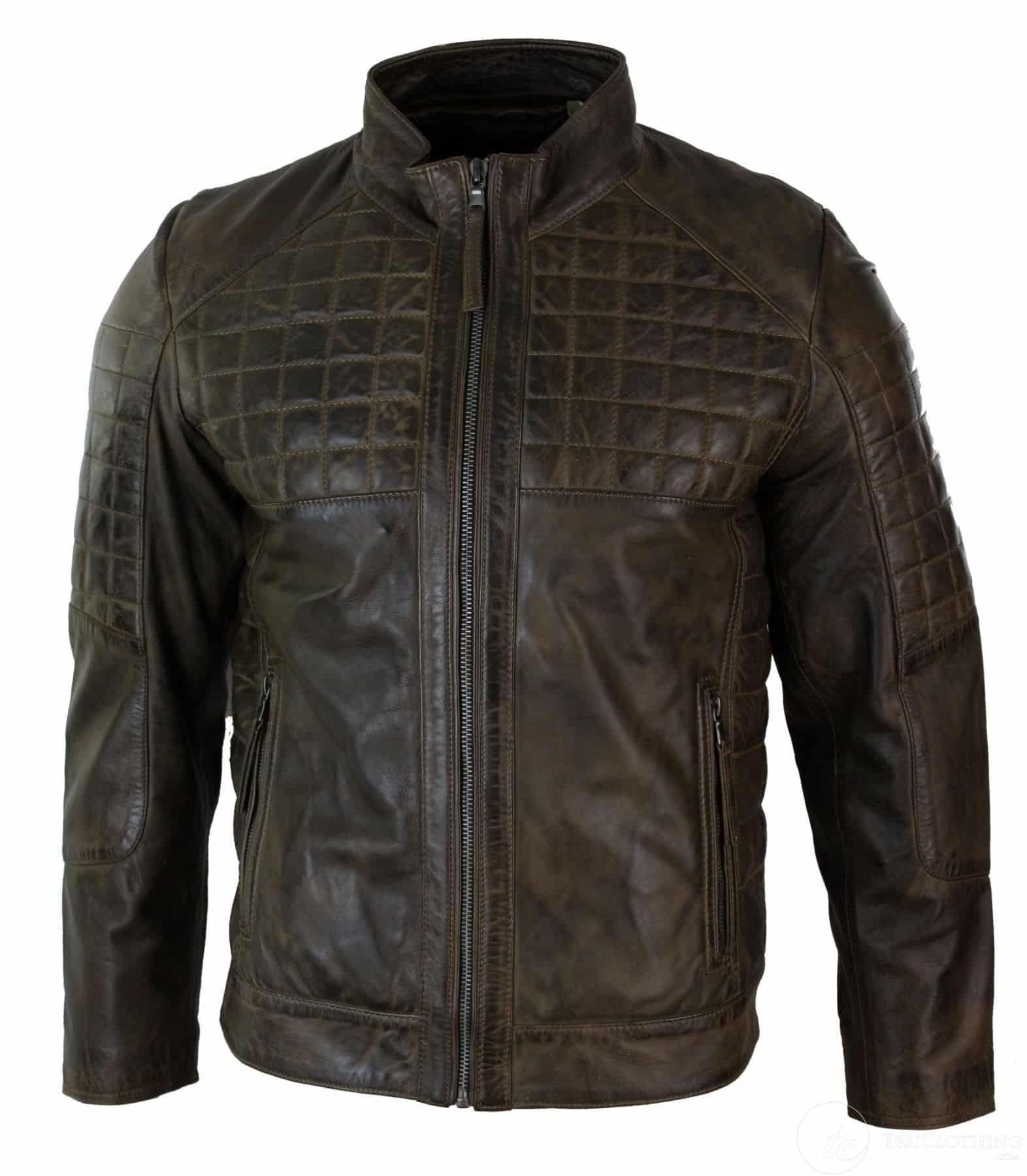 Jaqueta masculina de couro legítimo, modelo biker com zíper e costura sob medida - Marrom