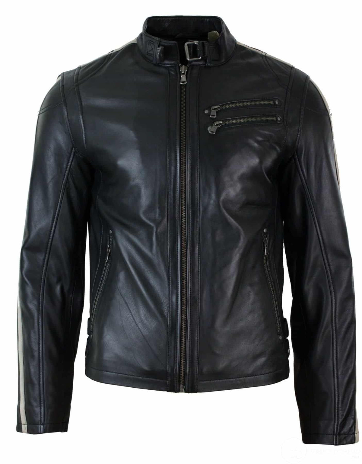 Jaqueta masculina de couro legítimo, corte slim, estilo motociclista, com listras nas mangas e fechamento em zíper.
