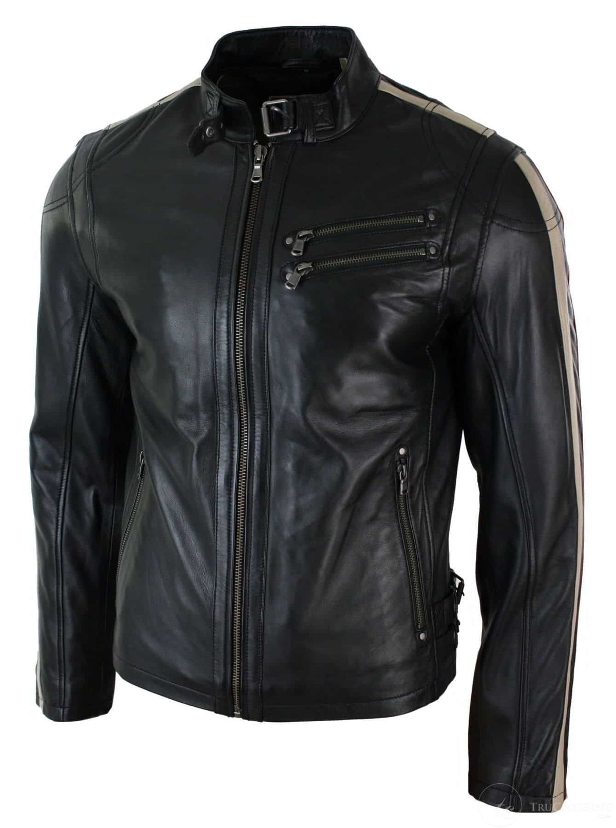 Jaqueta masculina de couro legítimo, corte slim, estilo motociclista, com listras nas mangas e fechamento em zíper.