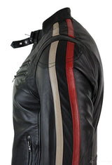 Jaqueta masculina de couro legítimo, corte slim, estilo motociclista, com listras nas mangas e fechamento em zíper.