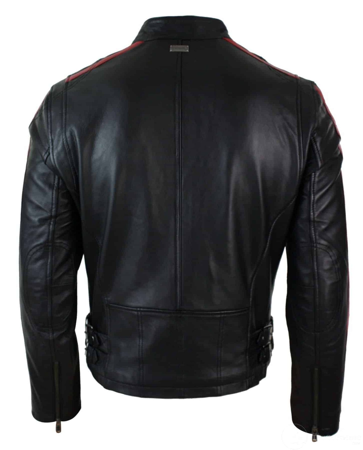 Jaqueta masculina de couro legítimo, corte slim, estilo motociclista, com listras nas mangas e fechamento em zíper.