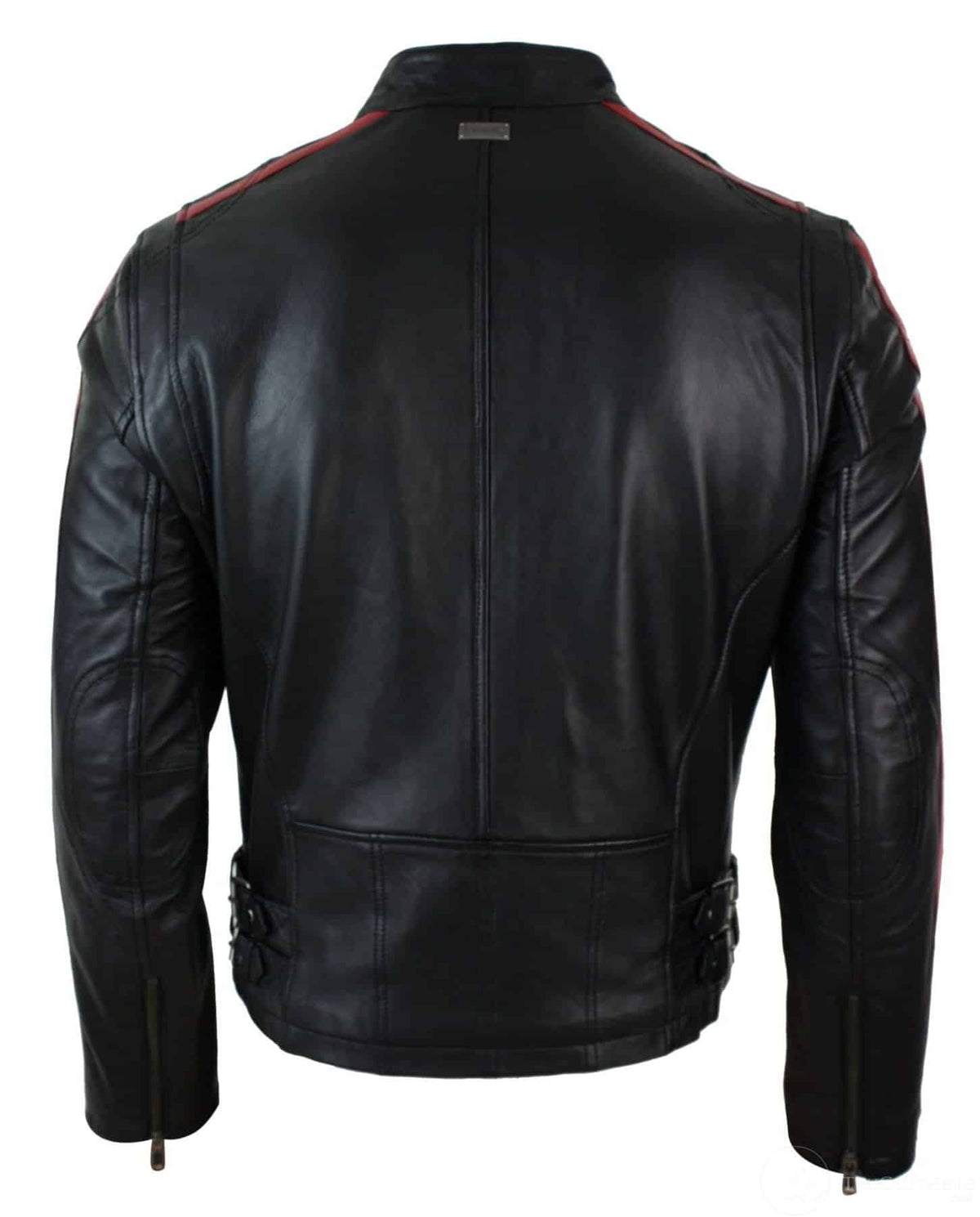 Jaqueta masculina de couro legítimo, corte slim, estilo motociclista, com listras nas mangas e fechamento em zíper.