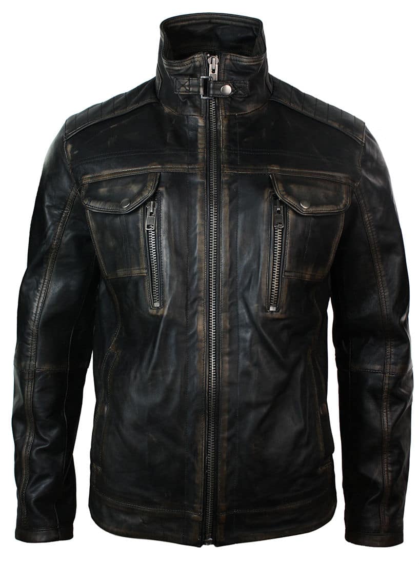 Jaqueta masculina em couro legítimo lavado, estilo retrô vintage, com efeito desgastado e lavagem preta.