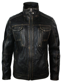 Jaqueta masculina em couro legítimo lavado, estilo retrô vintage, com efeito desgastado e lavagem preta.