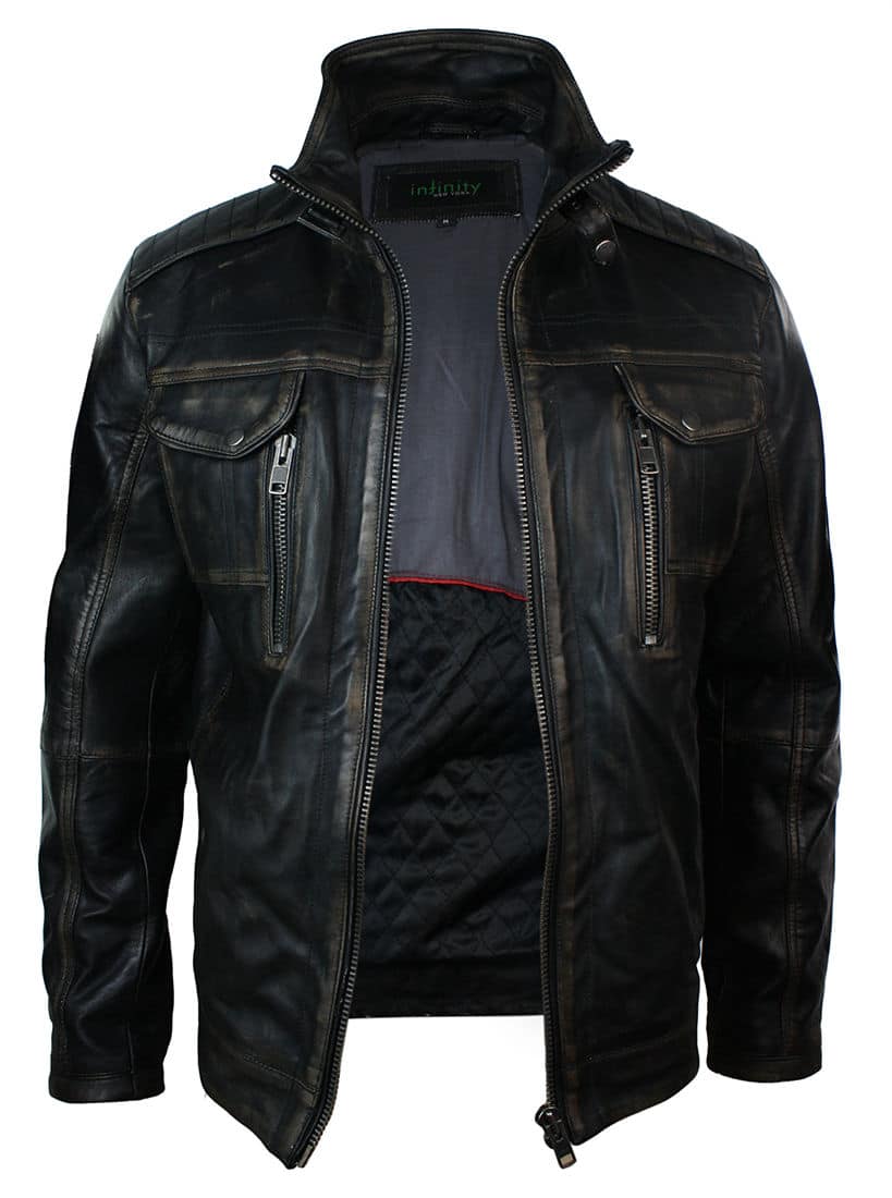 Jaqueta masculina em couro legítimo lavado, estilo retrô vintage, com efeito desgastado e lavagem preta.
