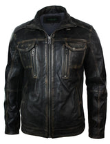 Jaqueta masculina em couro legítimo lavado, estilo retrô vintage, com efeito desgastado e lavagem preta.