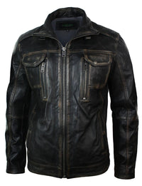 Jaqueta masculina em couro legítimo lavado, estilo retrô vintage, com efeito desgastado e lavagem preta.
