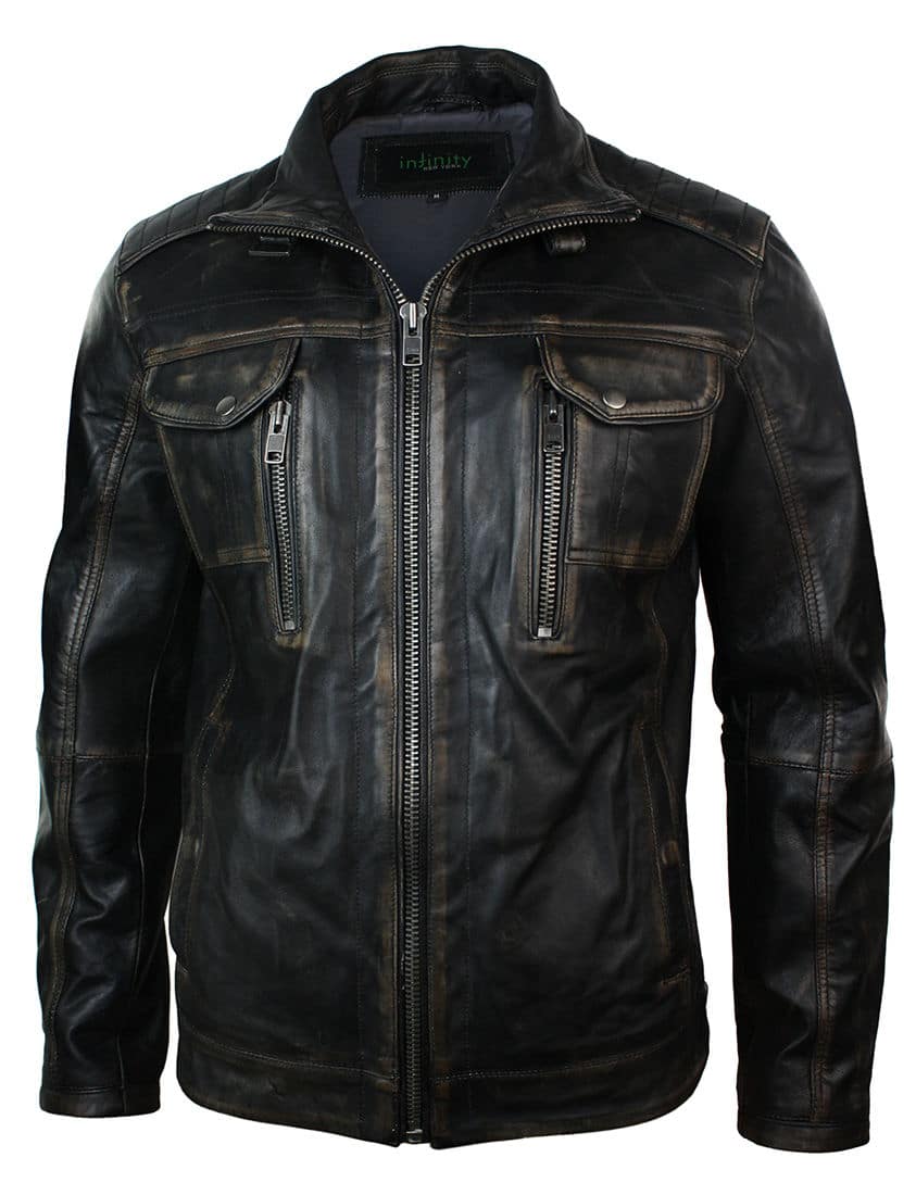 Jaqueta masculina em couro legítimo lavado, estilo retrô vintage, com efeito desgastado e lavagem preta.