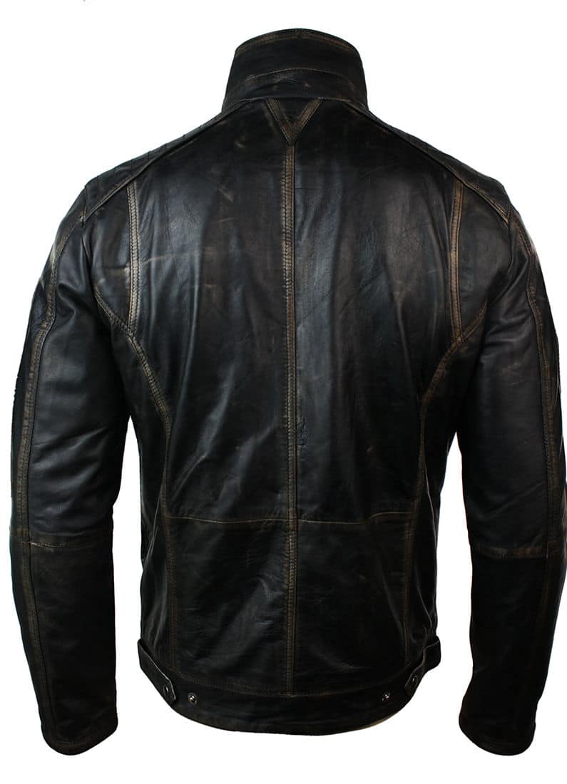 Jaqueta masculina em couro legítimo lavado, estilo retrô vintage, com efeito desgastado e lavagem preta.