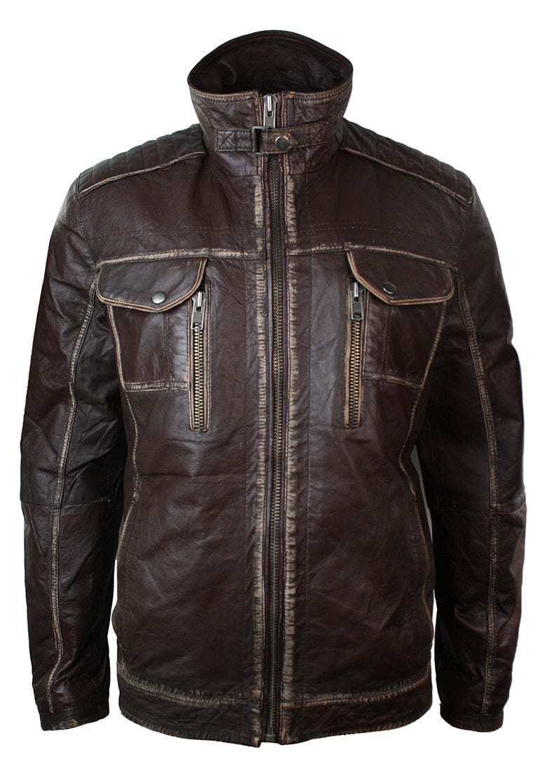 Jaqueta masculina em couro marrom lavado legítimo, estilo retrô vintage, com efeito desgastado.