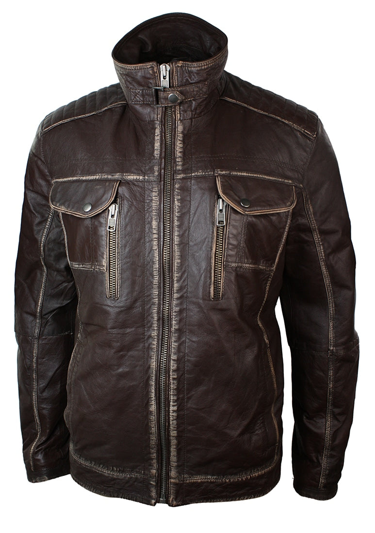 Jaqueta masculina em couro marrom lavado legítimo, estilo retrô vintage, com efeito desgastado.