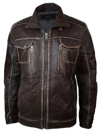Jaqueta masculina em couro marrom lavado legítimo, estilo retrô vintage, com efeito desgastado.