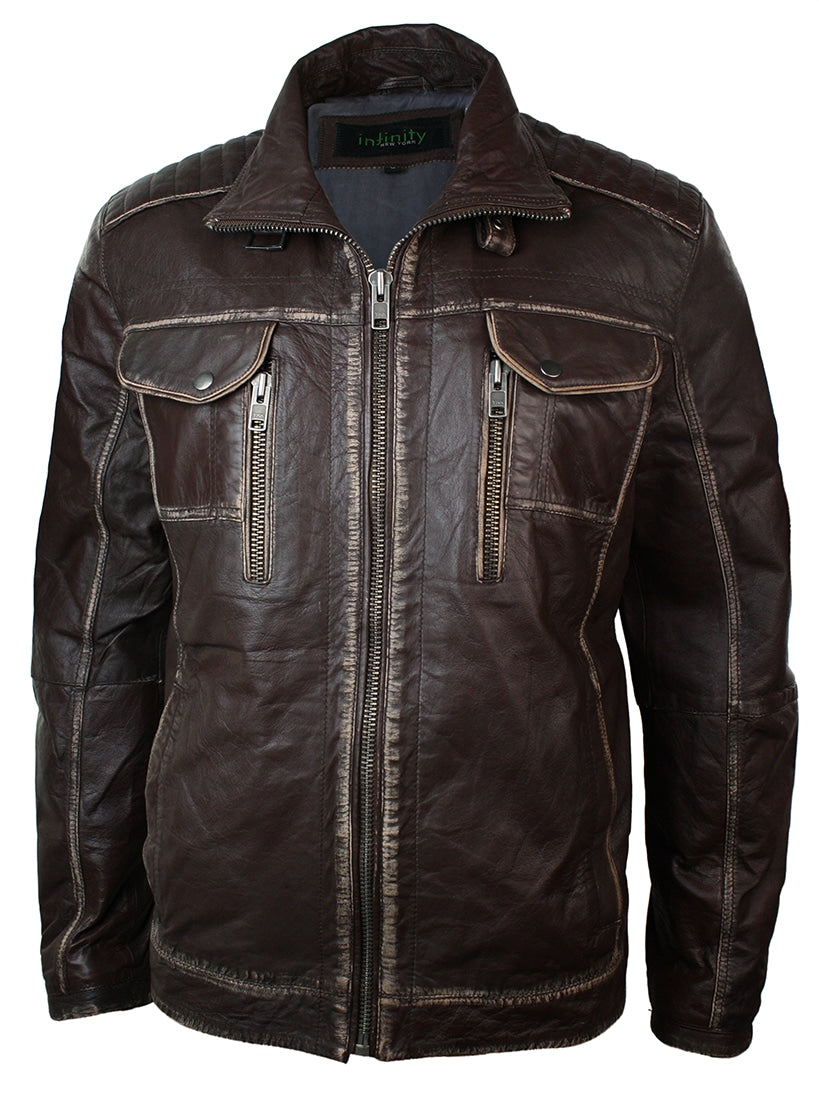 Jaqueta masculina em couro marrom lavado legítimo, estilo retrô vintage, com efeito desgastado.