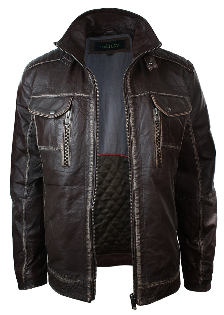 Jaqueta masculina em couro marrom lavado legítimo, estilo retrô vintage, com efeito desgastado.