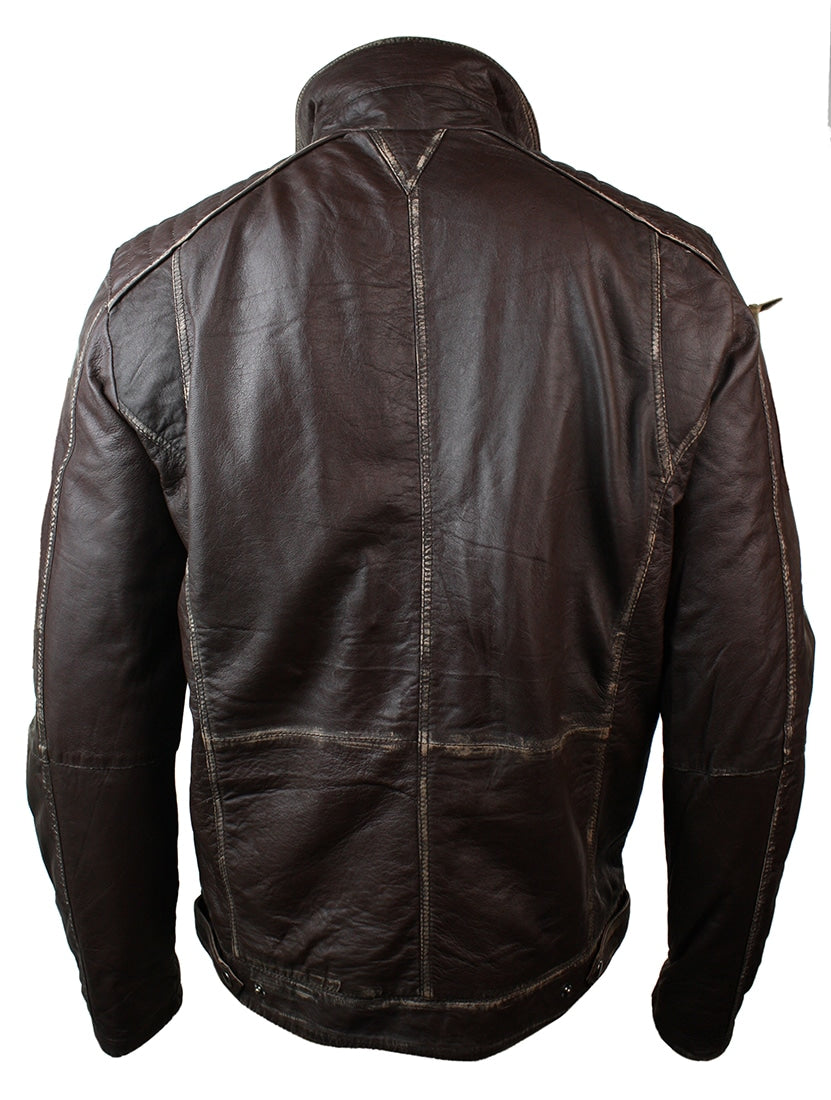 Jaqueta masculina em couro marrom lavado legítimo, estilo retrô vintage, com efeito desgastado.