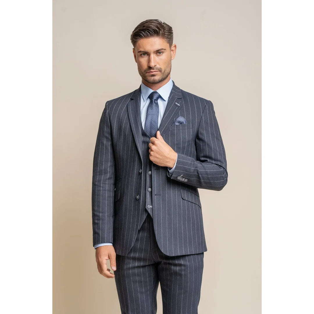Invincible - Blazer masculino azul-marinho com risca de giz
