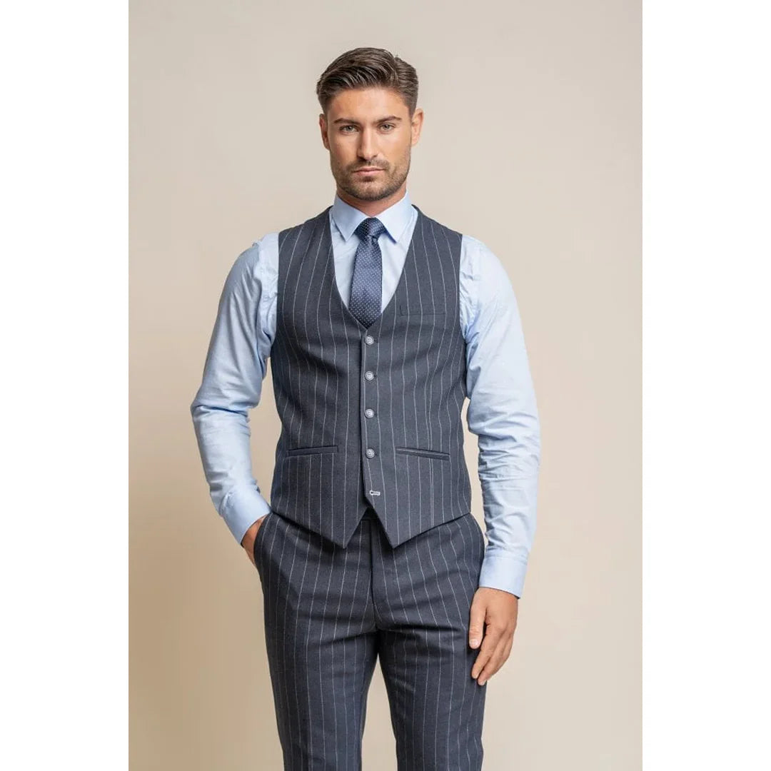 Colete masculino Invincible azul-marinho com risca de giz