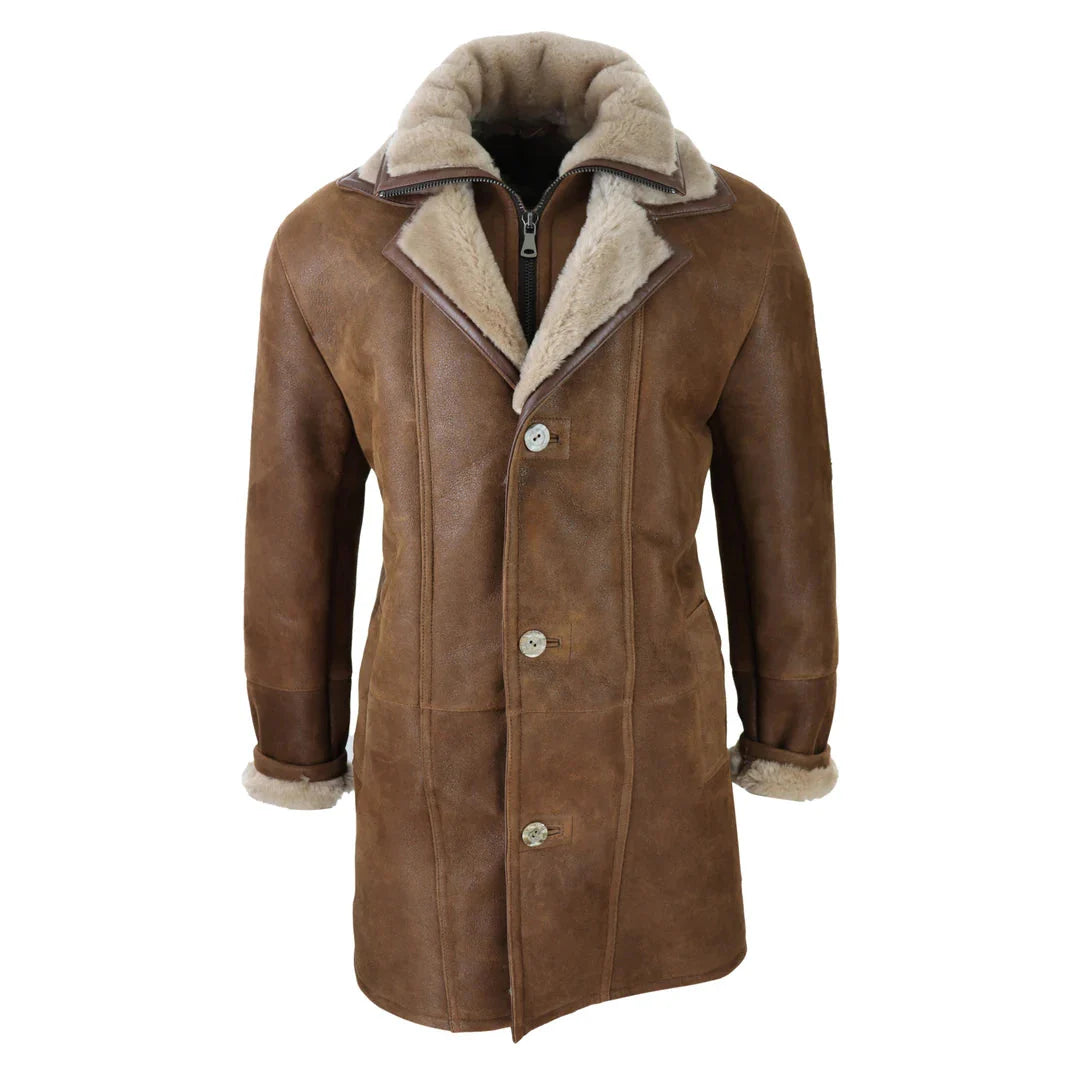Jaqueta masculina 3/4 estilo duffle em pele de carneiro com zíper longo e botões - Bege