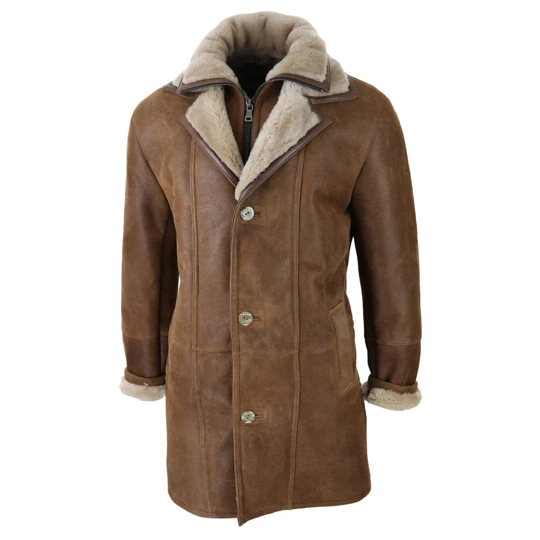Jaqueta masculina 3/4 estilo duffle em pele de carneiro com zíper longo e botões - Bege