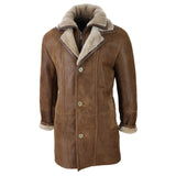 Jaqueta masculina 3/4 estilo duffle em pele de carneiro com zíper longo e botões - Bege