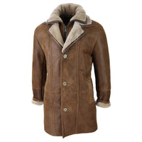 Jaqueta masculina 3/4 estilo duffle em pele de carneiro com zíper longo e botões - Bege