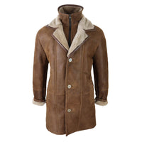 Jaqueta masculina 3/4 estilo duffle em pele de carneiro com zíper longo e botões - Bege