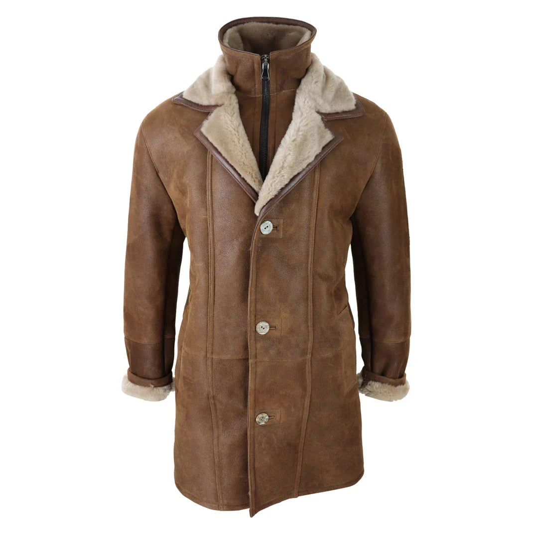 Jaqueta masculina 3/4 estilo duffle em pele de carneiro com zíper longo e botões - Bege