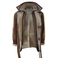 Jaqueta masculina 3/4 estilo duffle em pele de carneiro com zíper longo e botões - Bege