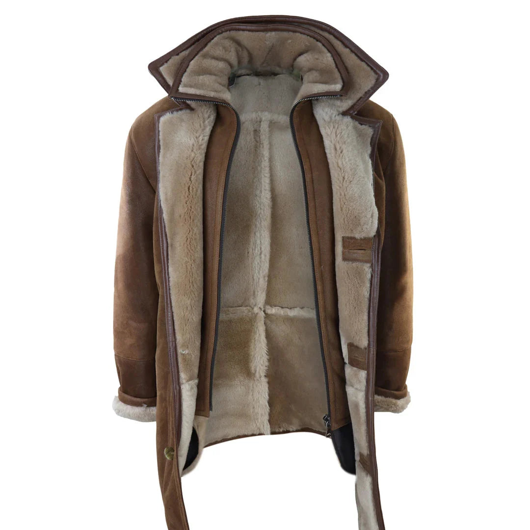 Jaqueta masculina 3/4 estilo duffle em pele de carneiro com zíper longo e botões - Bege