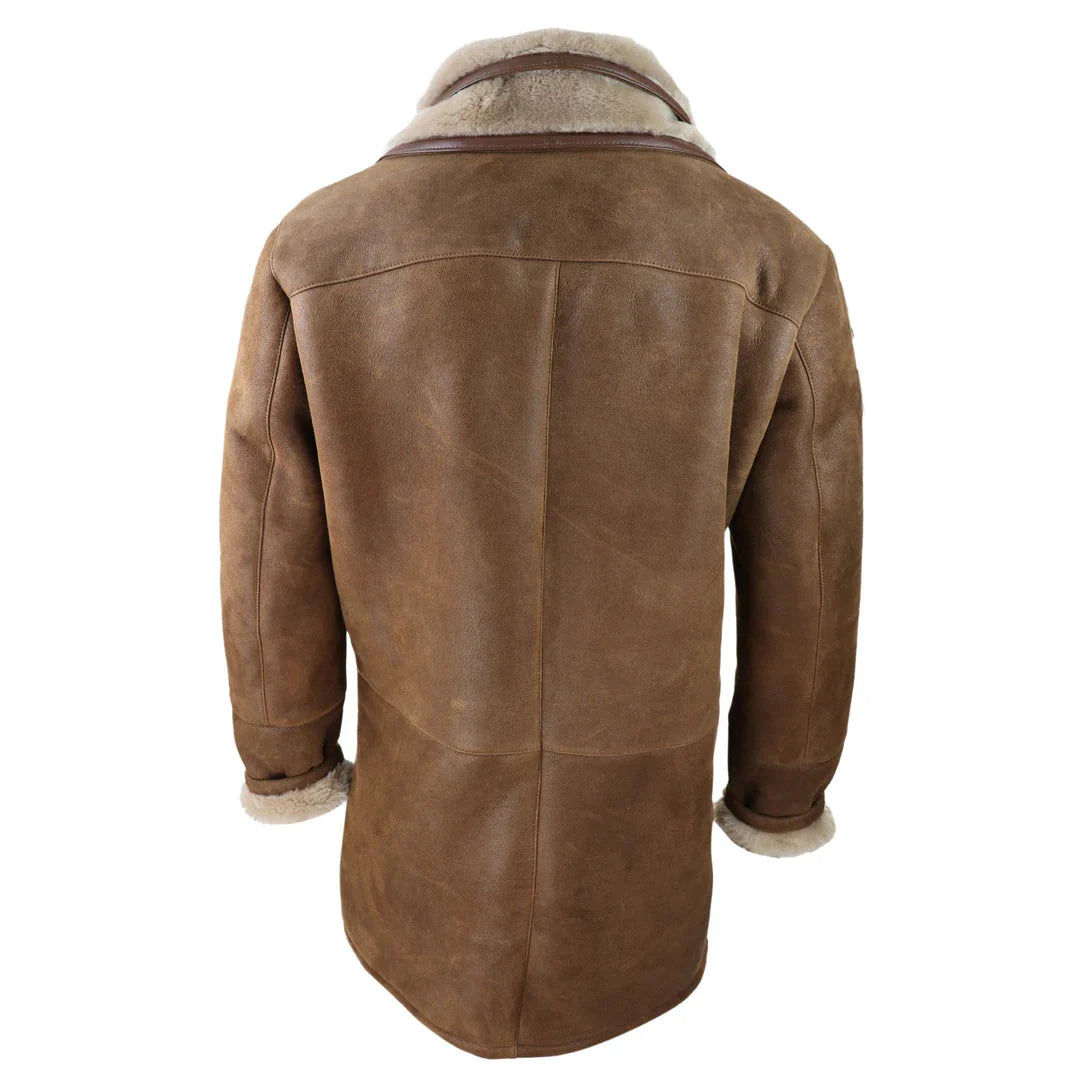 Jaqueta masculina 3/4 estilo duffle em pele de carneiro com zíper longo e botões - Bege