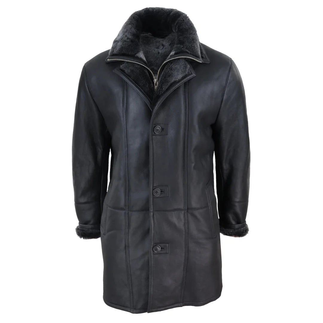 Jaqueta masculina 3/4 estilo duffle, em pele de carneiro, com zíper e botões, ideal para aquecimento - Preta