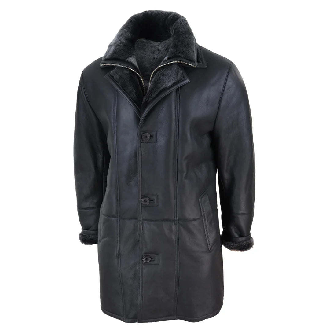 Jaqueta masculina 3/4 estilo duffle, em pele de carneiro, com zíper e botões, ideal para aquecimento - Preta
