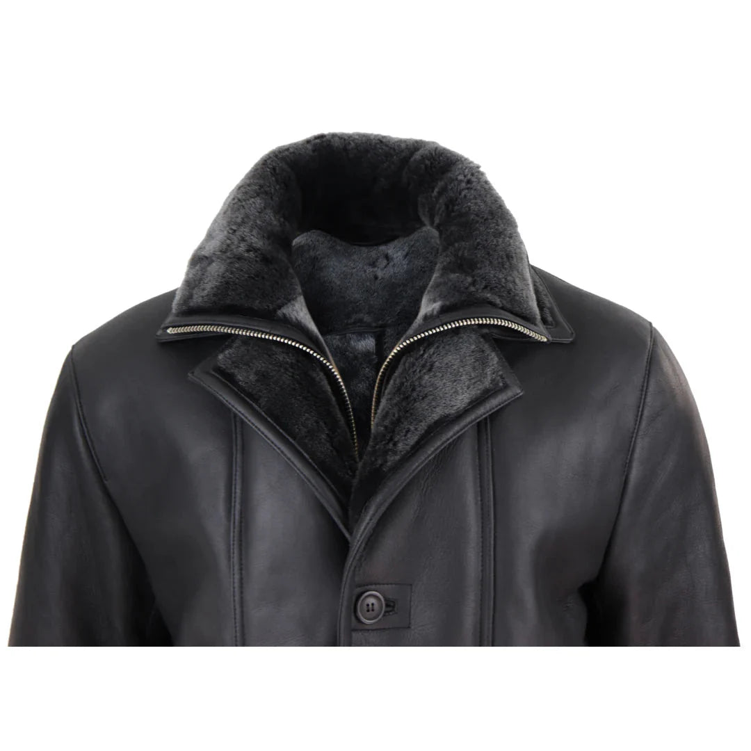 Jaqueta masculina 3/4 estilo duffle, em pele de carneiro, com zíper e botões, ideal para aquecimento - Preta