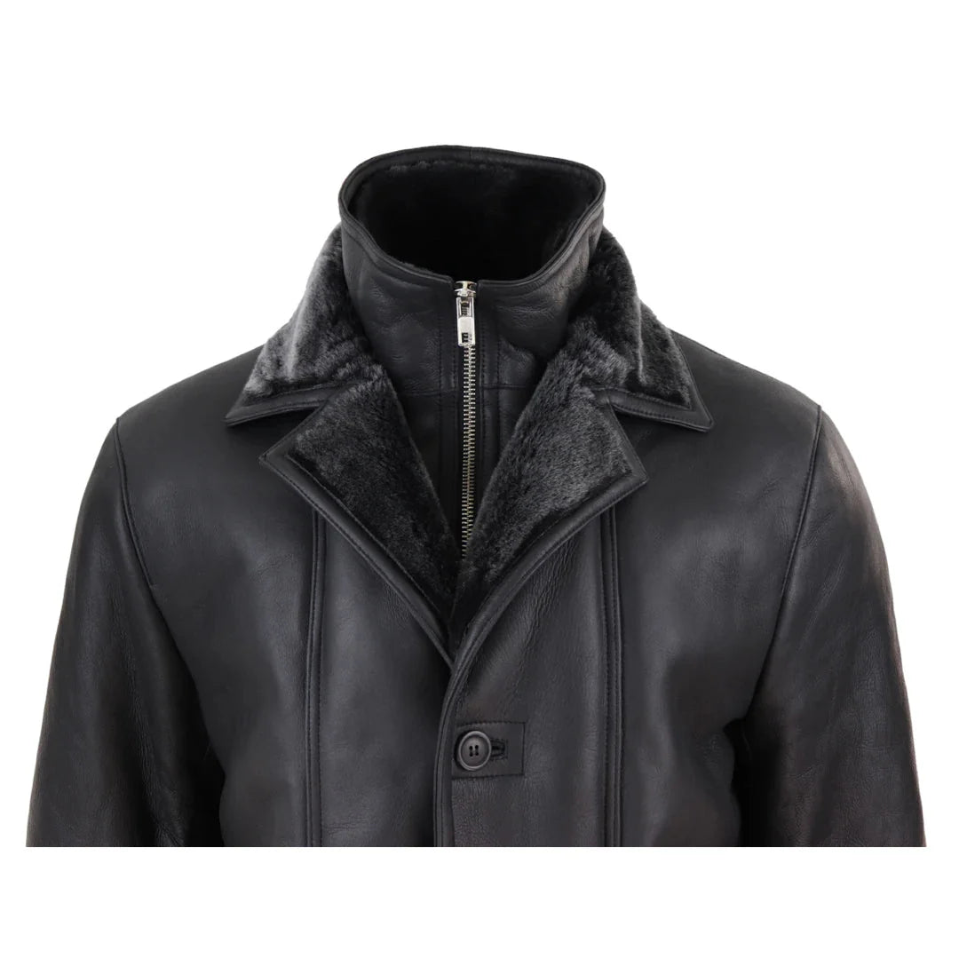 Jaqueta masculina 3/4 estilo duffle, em pele de carneiro, com zíper e botões, ideal para aquecimento - Preta