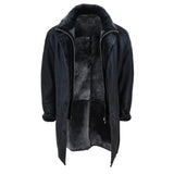 Jaqueta masculina 3/4 estilo duffle, em pele de carneiro, com zíper e botões, ideal para aquecimento - Preta
