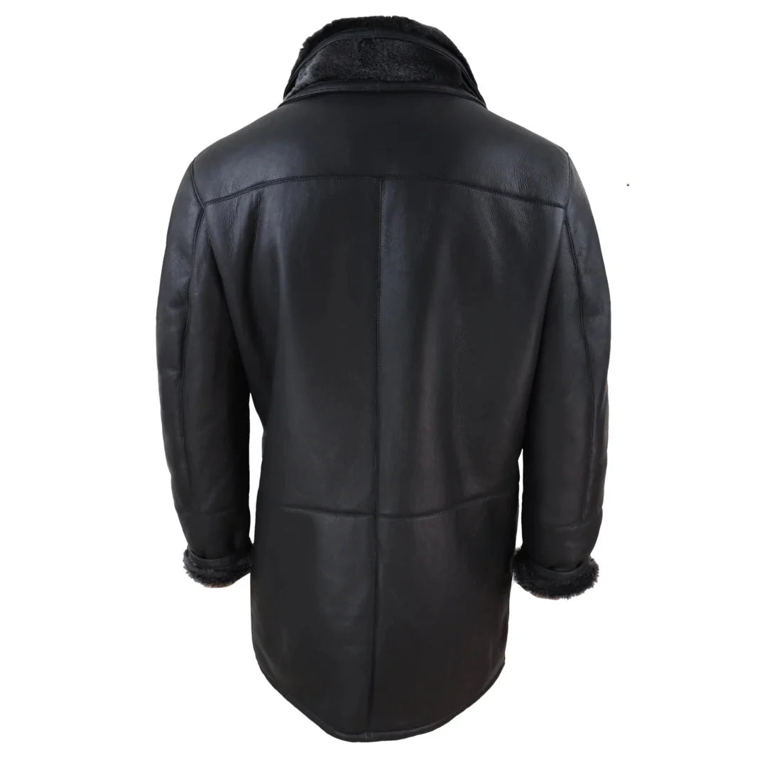 Jaqueta masculina 3/4 estilo duffle, em pele de carneiro, com zíper e botões, ideal para aquecimento - Preta