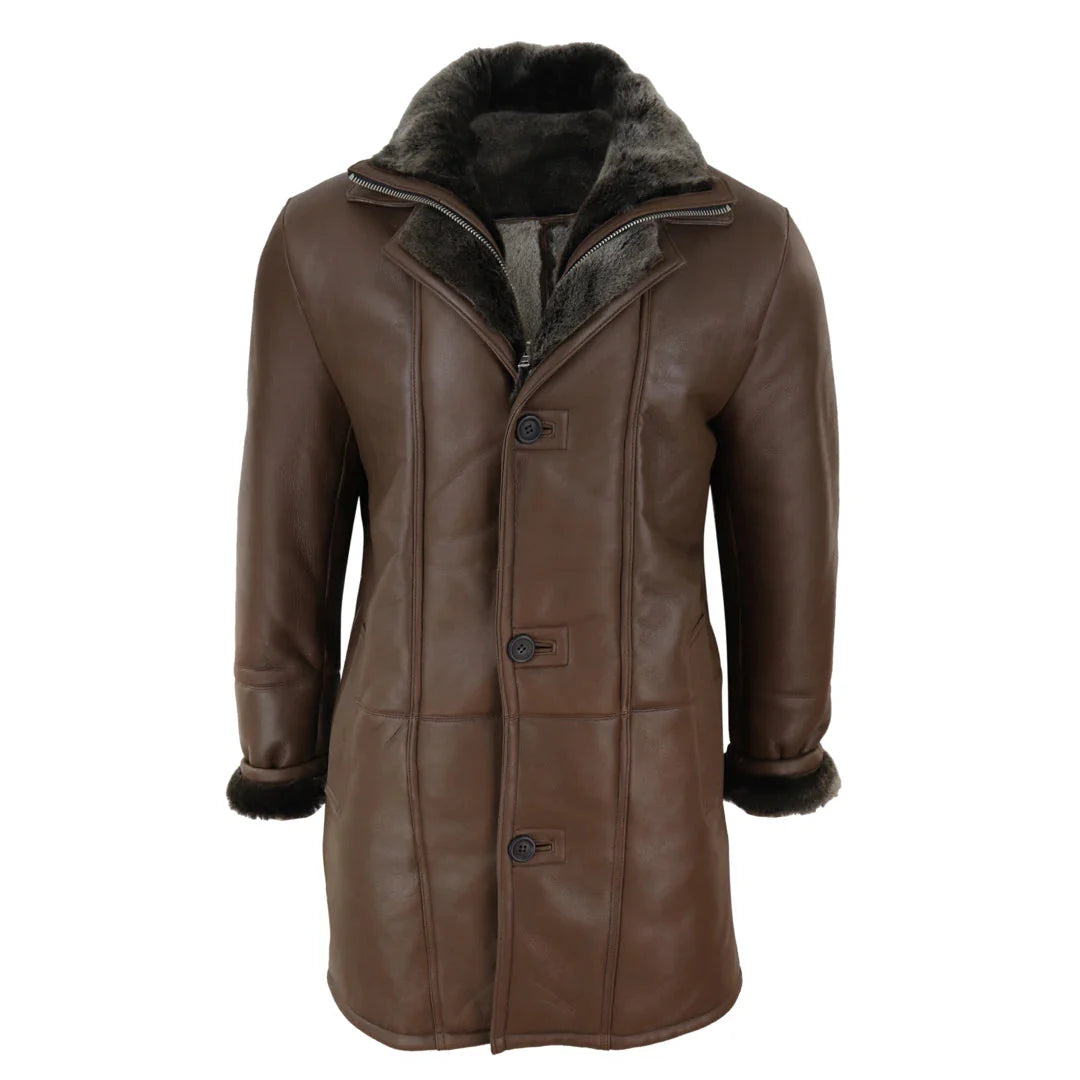 Jaqueta masculina 3/4 estilo duffle, em pele de carneiro, com zíper e botões, ideal para aquecimento - Marrom