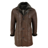 Jaqueta masculina 3/4 estilo duffle, em pele de carneiro, com zíper e botões, ideal para aquecimento - Marrom