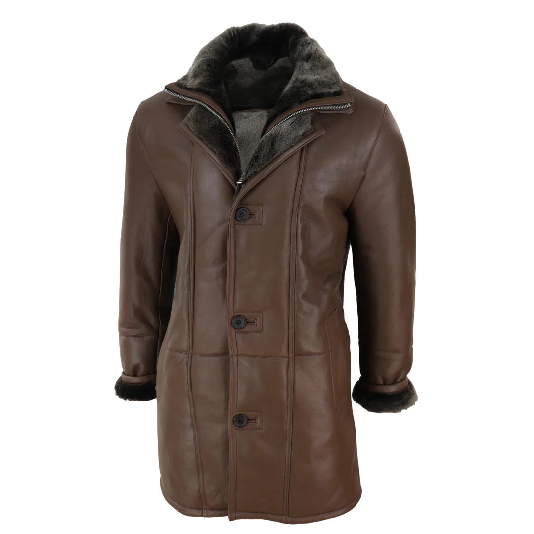 Jaqueta masculina 3/4 estilo duffle, em pele de carneiro, com zíper e botões, ideal para aquecimento - Marrom