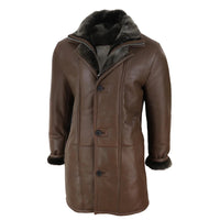 Jaqueta masculina 3/4 estilo duffle, em pele de carneiro, com zíper e botões, ideal para aquecimento - Marrom