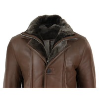 Jaqueta masculina 3/4 estilo duffle, em pele de carneiro, com zíper e botões, ideal para aquecimento - Marrom