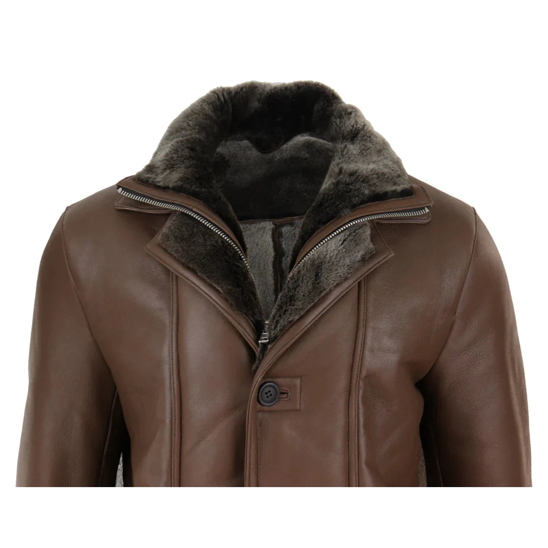 Jaqueta masculina 3/4 estilo duffle, em pele de carneiro, com zíper e botões, ideal para aquecimento - Marrom
