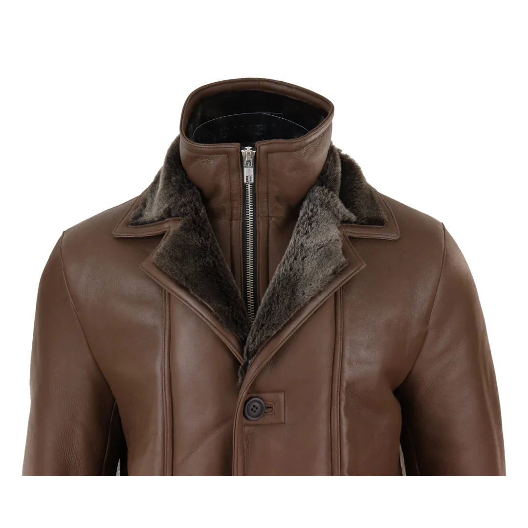 Jaqueta masculina 3/4 estilo duffle, em pele de carneiro, com zíper e botões, ideal para aquecimento - Marrom