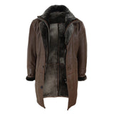 Jaqueta masculina 3/4 estilo duffle, em pele de carneiro, com zíper e botões, ideal para aquecimento - Marrom