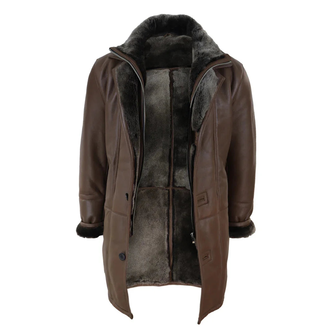 Jaqueta masculina 3/4 estilo duffle, em pele de carneiro, com zíper e botões, ideal para aquecimento - Marrom